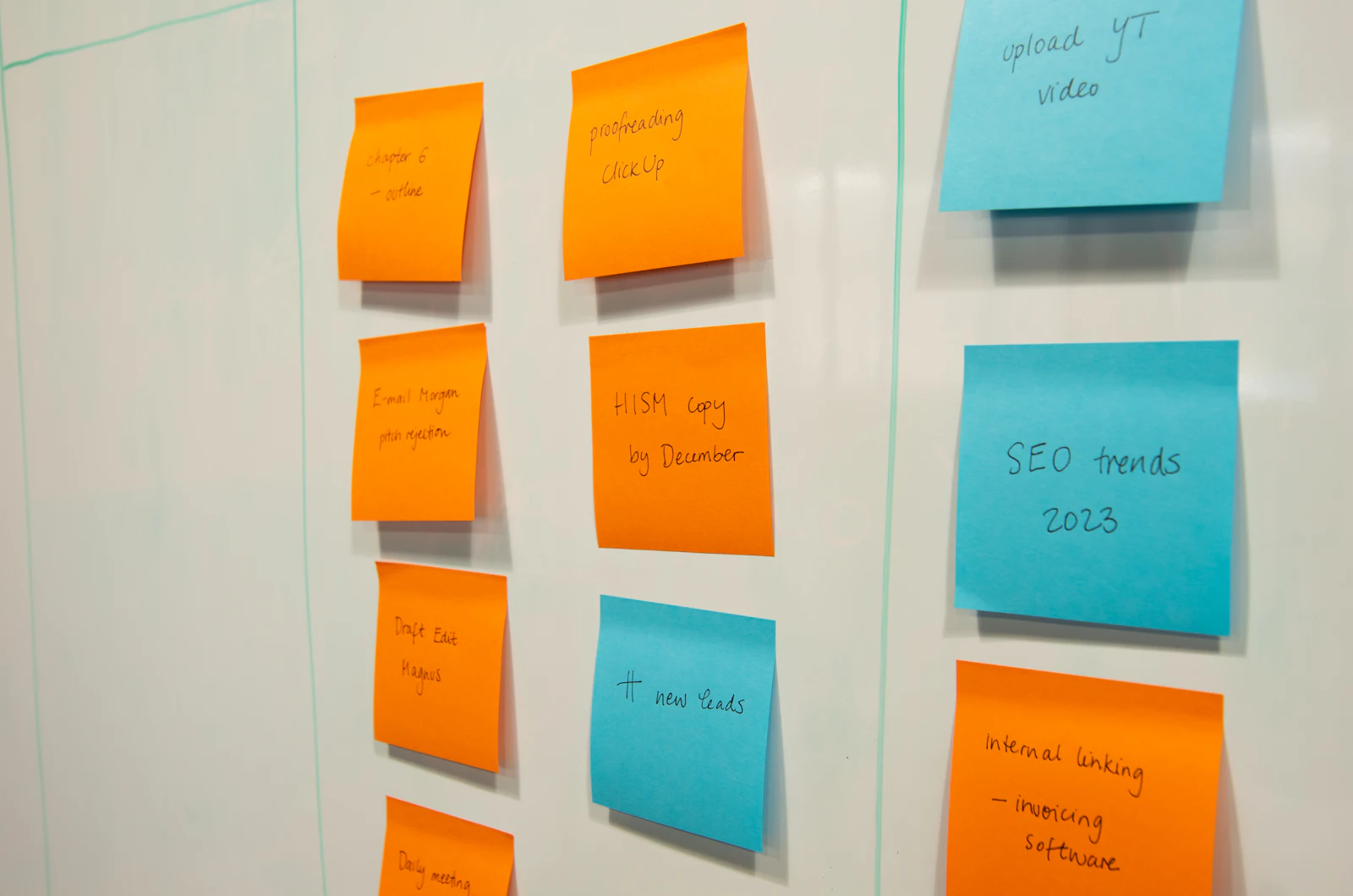 A wall covered with sticky notes on a planning board