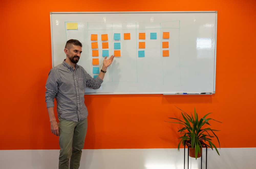 a man standing in front of a white board