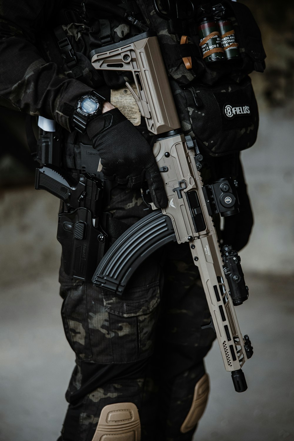 a man in camouflage holding a machine gun