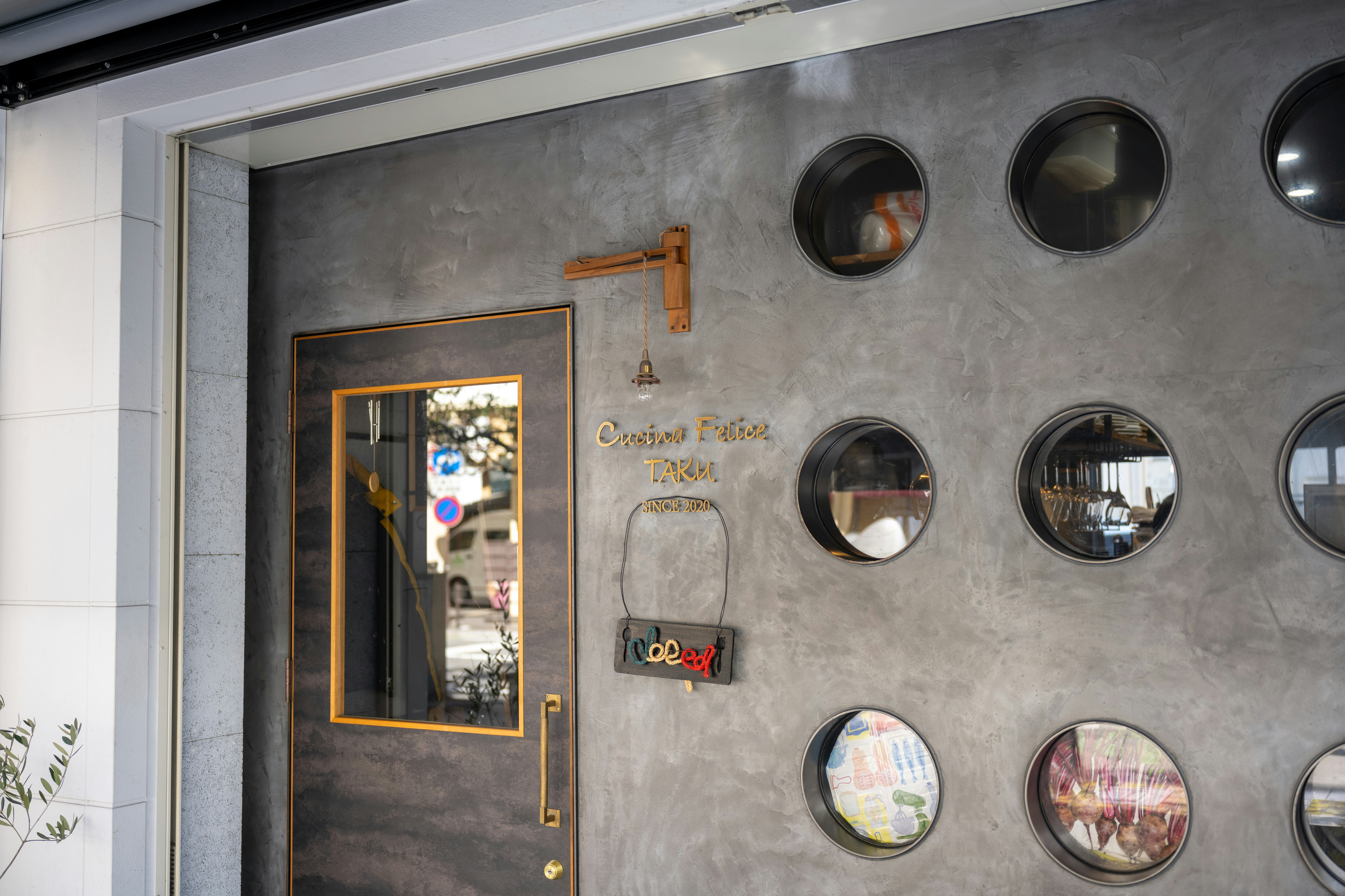 a door with a bunch of plates on it