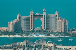 a view of a very large building in the middle of the ocean