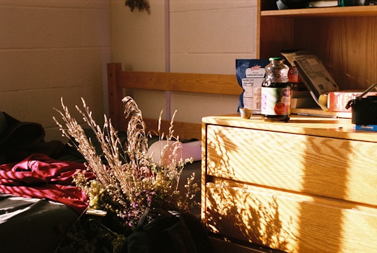 Sunlight pours into a cozy room, illuminating a wooden dresser with various items on top, including a juice bottle, a blue bag of snacks, and papers. In the foreground, a bunch of dried flowers and grasses lies on the edge of a bed, alongside a red blanket. The light and shadows create a warm and inviting atmosphere.