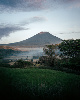 A majestic volcano rises in the distance, surrounded by lush greenery in the foreground. Mist drifts across the landscape, creating a serene atmosphere with a sky transitioning from blue to hints of pink.