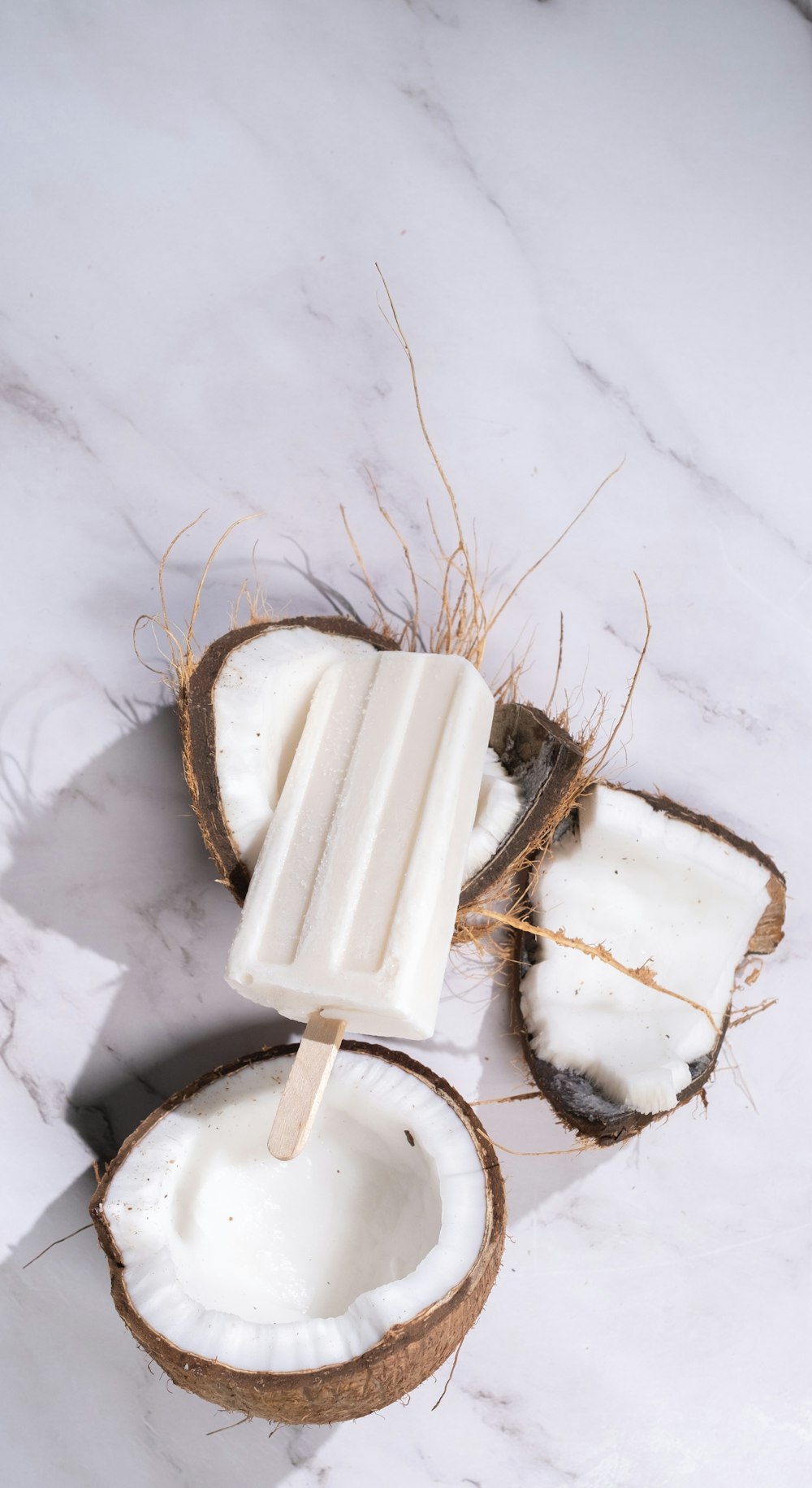 Un ghiacciolo è seduto sopra una noce di cocco