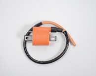 An orange ignition coil with a pair of mounting brackets and a black wire attached. The coil is cylindrical and flanked by two flat metal pieces with circular holes for securing it. The wire is partially coiled with both ends exposed, visible on a plain white background.