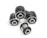 A close-up of metal mechanical components consisting of multiple rubber bushings. The bushings are primarily black with a metallic silver inner ring and are set against a plain white background.