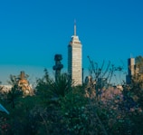 a tall building surrounded by trees and bushes