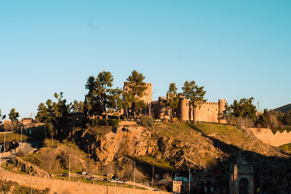 a castle on a hill with trees on top