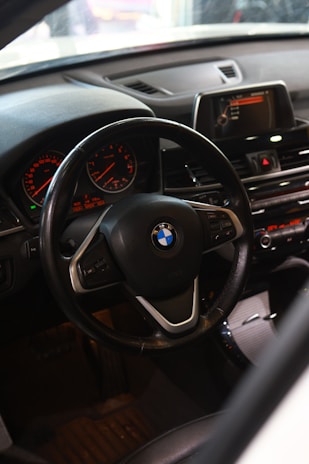 Interior view of the BMW F30 showcasing luxurious leather seats and ambient lighting.