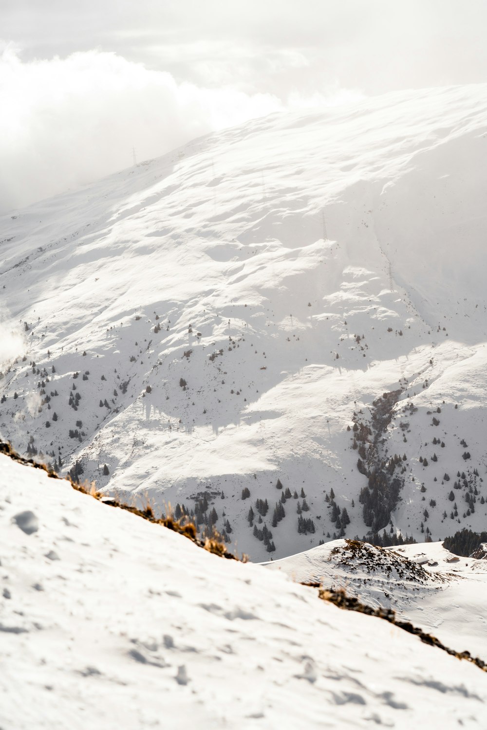 Ein Mann fährt auf Skiern einen schneebedeckten Hang hinunter