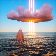 An astronaut stands waist-deep in a calm body of water, gazing at a large, dark cloud hovering in the sky. Bright vertical beams of light and orange hues illuminate the clouds and reflect on the water's surface. Birds are visible in the distance to the right.