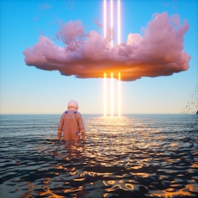 An astronaut stands waist-deep in a calm body of water, gazing at a large, dark cloud hovering in the sky. Bright vertical beams of light and orange hues illuminate the clouds and reflect on the water's surface. Birds are visible in the distance to the right.