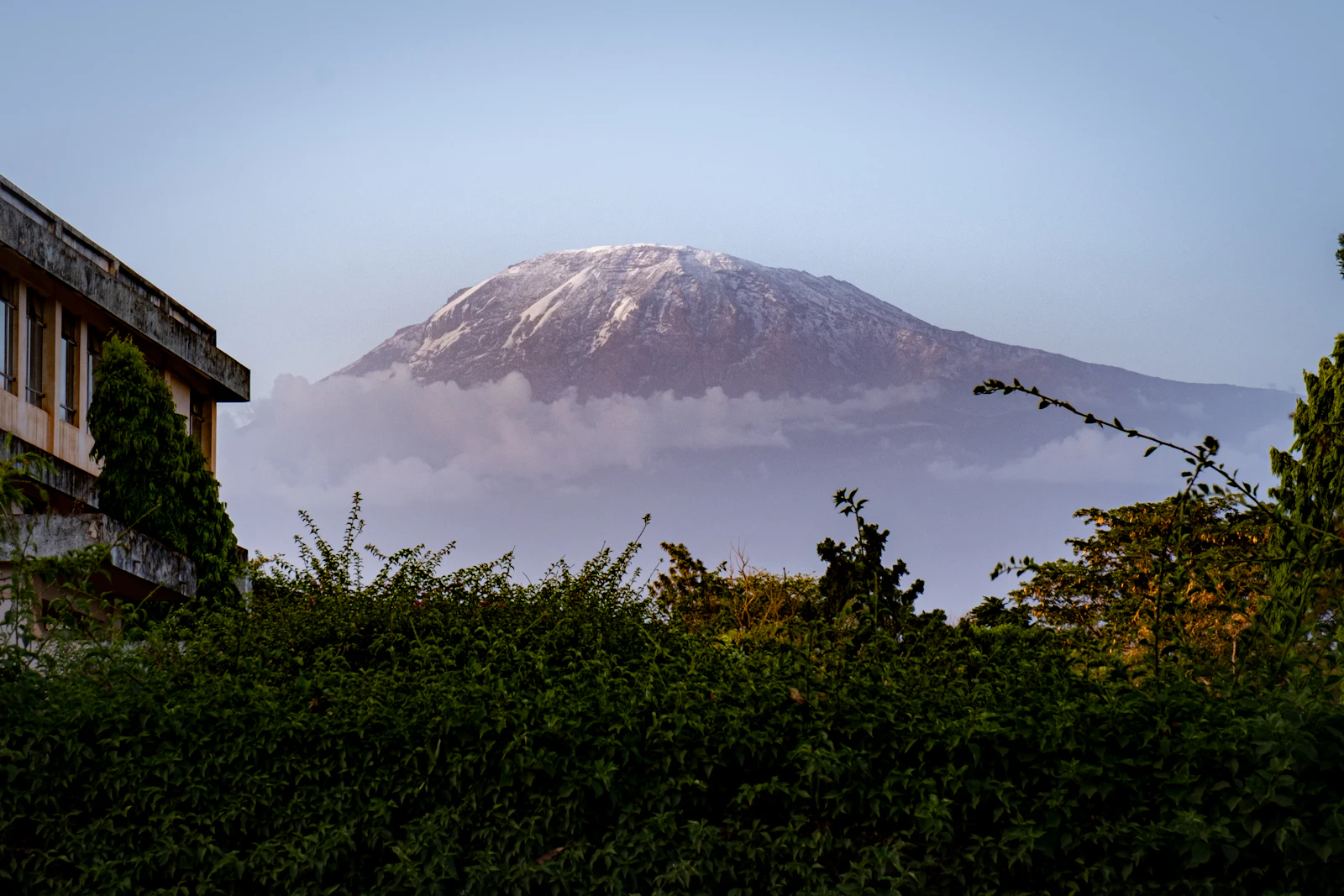 View of Mount Kilimanjaro's snow-capped summit from Moshi, Tanzania