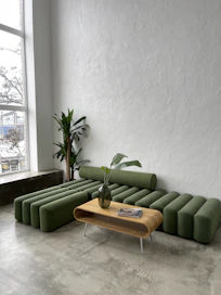 Modern living room with natural light and green accents reflecting Bauzenmx colors