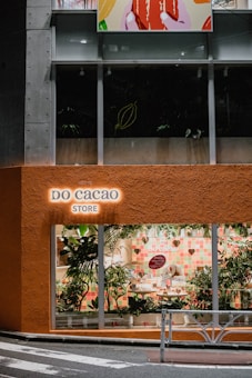 The storefront of a shop named 'do cacao STORE' with a vibrant orange facade. The large window displays a variety of plants inside the store, and there is a colorful tiled background with a round red sign that reads 'do cacao'. Above the store, there is another rectangular window with an abstract artwork depicting colorful hands holding a red object.
