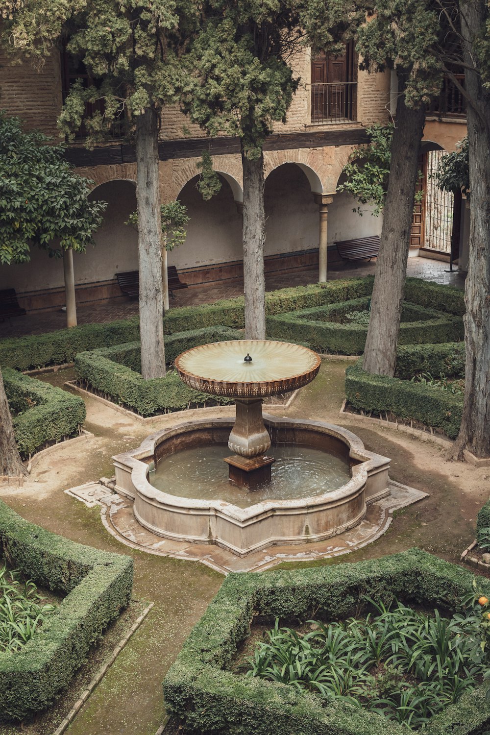 a garden with a fountain surrounded by trees