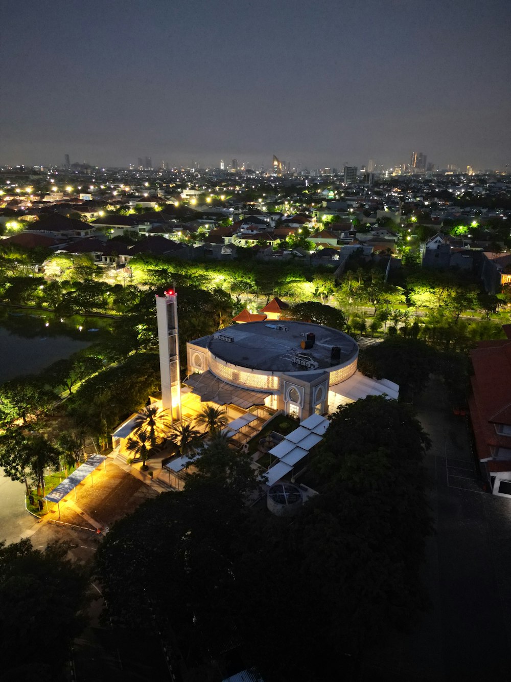 an aerial view of a city at night