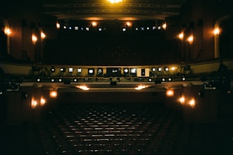 an empty auditorium with rows of seats and lights
