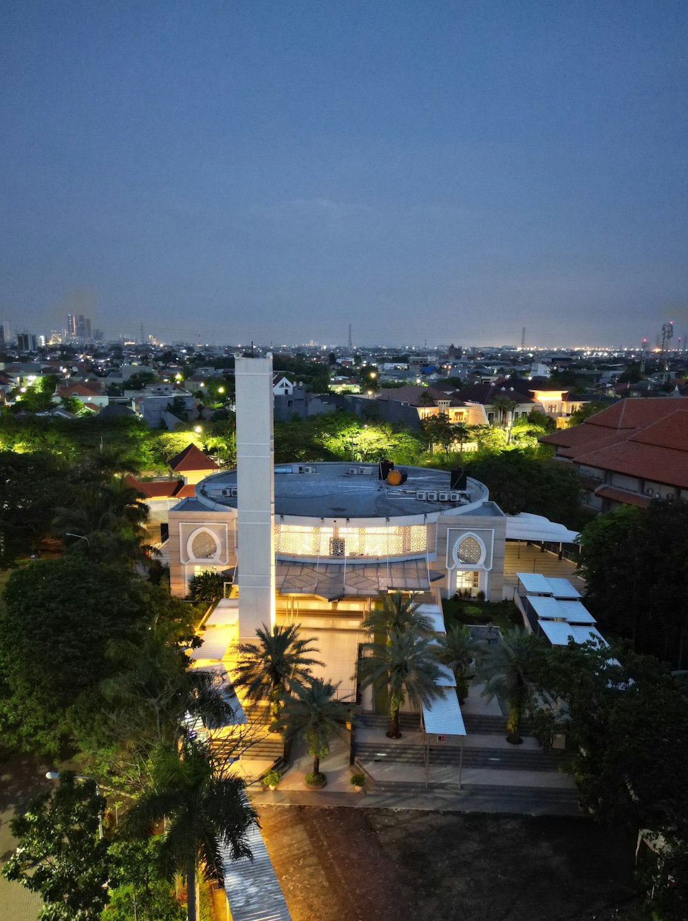 an aerial view of a building at night