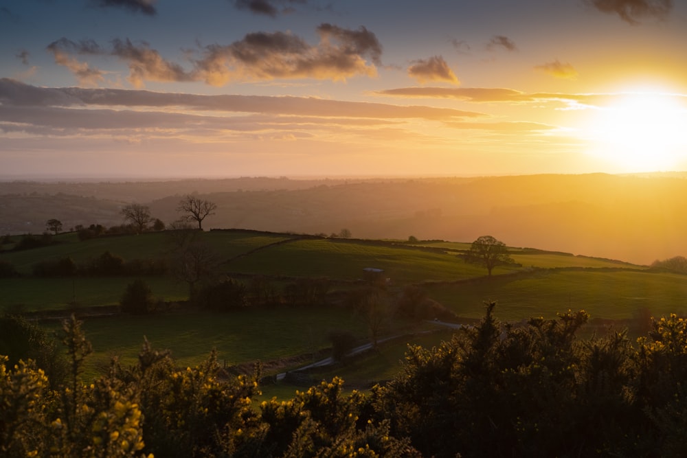 the sun is setting over a green field