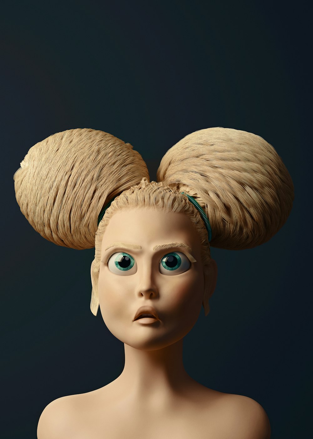 a mannequin head with two hair balls on top of it