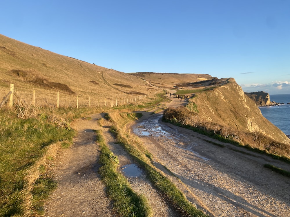 a dirt road next to a body of water