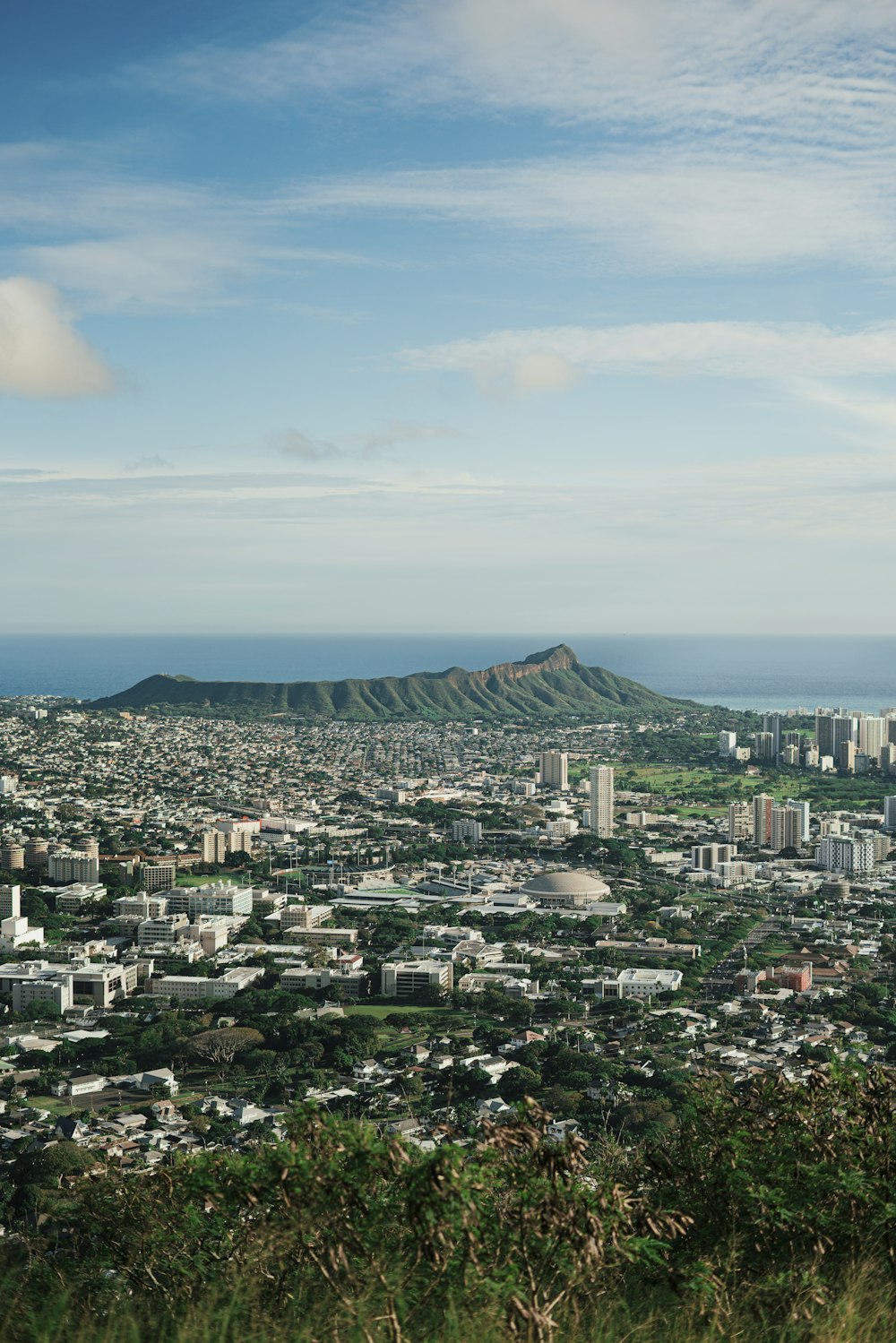 a view of a city with a mountain in the background