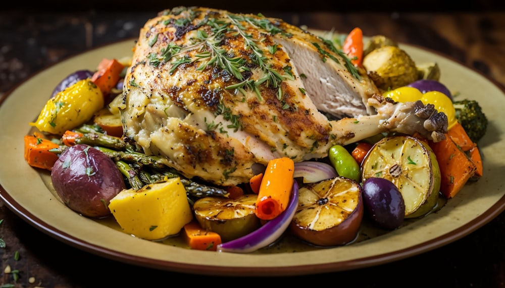 a close up of a plate of food with chicken