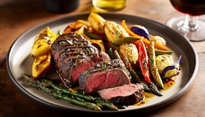 A dish featuring a succulent, perfectly cooked steak sliced into pieces, served alongside a medley of colorful vegetables like bell peppers, asparagus, and corn, all drizzled with a glossy sauce.