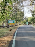 A scenic road lined with tall, leafy trees on a clear day. A green signboard reads 'WASTE PLASTICS', indicating that the road is made from recycled materials. A monkey is visible near the sign on the grassy area beside the road.