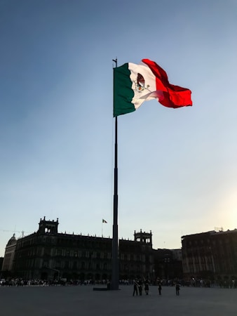 A large flagpole with the Mexican flag waves prominently against a clear sky. The horizon features historic buildings with colonial architecture, showing intricate details and silhouettes against the setting sun.