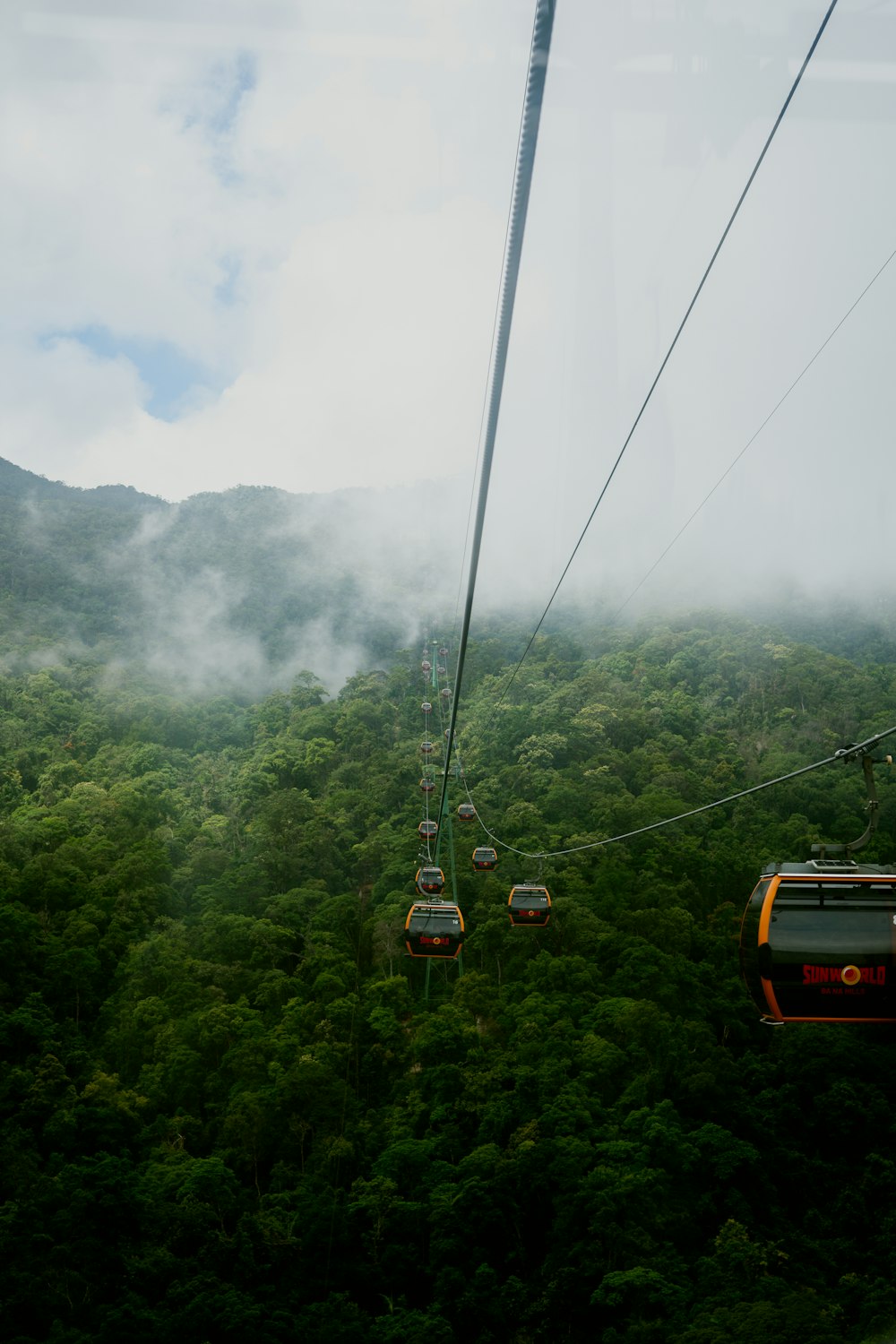 a cable car going over a lush green forest