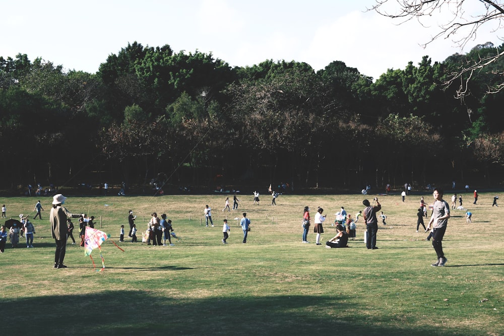 a group of people standing on top of a lush green field