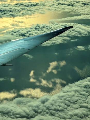 Golden hour light illuminating fluffy cumulus clouds from above, viewed from a plane window.