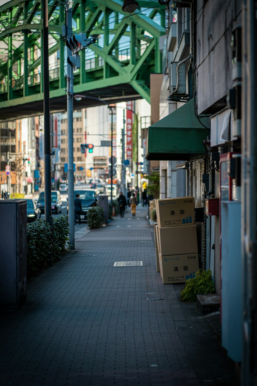 Green bridge city street buildings