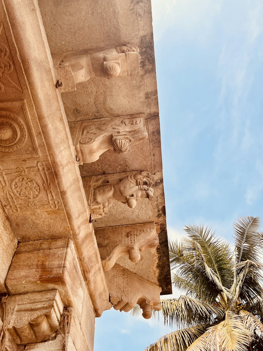 a palm tree is next to a building with carvings on it