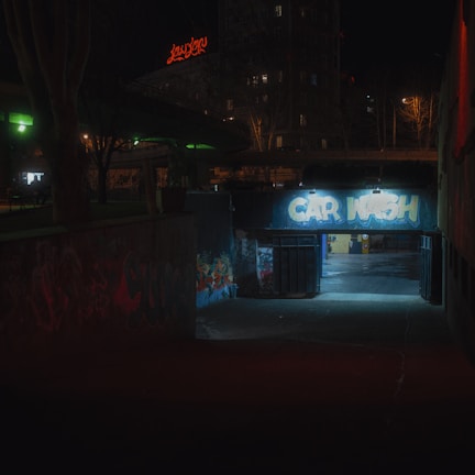 A dimly lit urban setting featuring a tunnel entrance with graffiti text 'CAR WASH' illuminated by harsh artificial lighting. Surrounding the entrance are dark structures with vibrant graffiti. In the background, there's a neon red sign atop a building and silhouettes of leafless trees against a night sky.