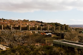 A historical cityscape featuring a sprawling town with a prominent ancient stone wall fortified with large round towers. The buildings display red-tiled roofs and are set against a hilly background. The foreground includes leafless trees and a modern structure, contrasting with the old architecture.