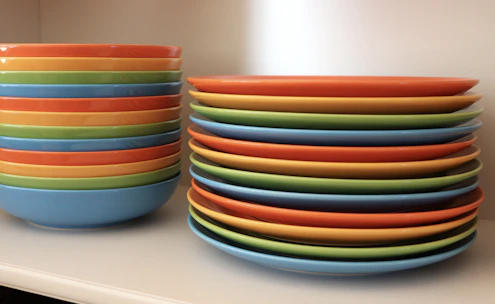 A vibrant display of disposable cups and plates arranged neatly on store shelves.