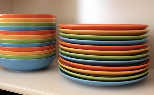 Stacks of colorful plates and bowls arranged neatly. The plates and bowls are in shades of orange, yellow, green, and blue, creating a vibrant and orderly display on a white surface.