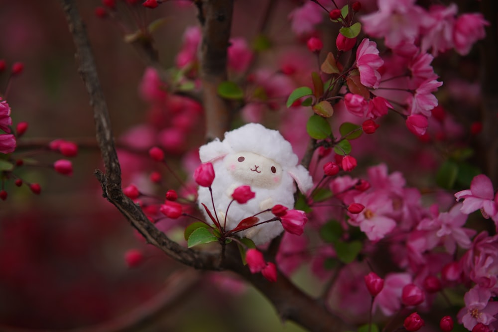 a stuffed animal in a tree with pink flowers