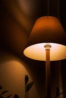 Elegant floor lamp with a wooden base illuminating a cozy reading nook.