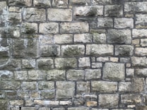 A close-up view of a rustic stone wall, showing a variety of large and small rectangular stones carefully arranged and mortared together. The stones display different shades of gray and some signs of weathering, enhancing their textured, rough surface.