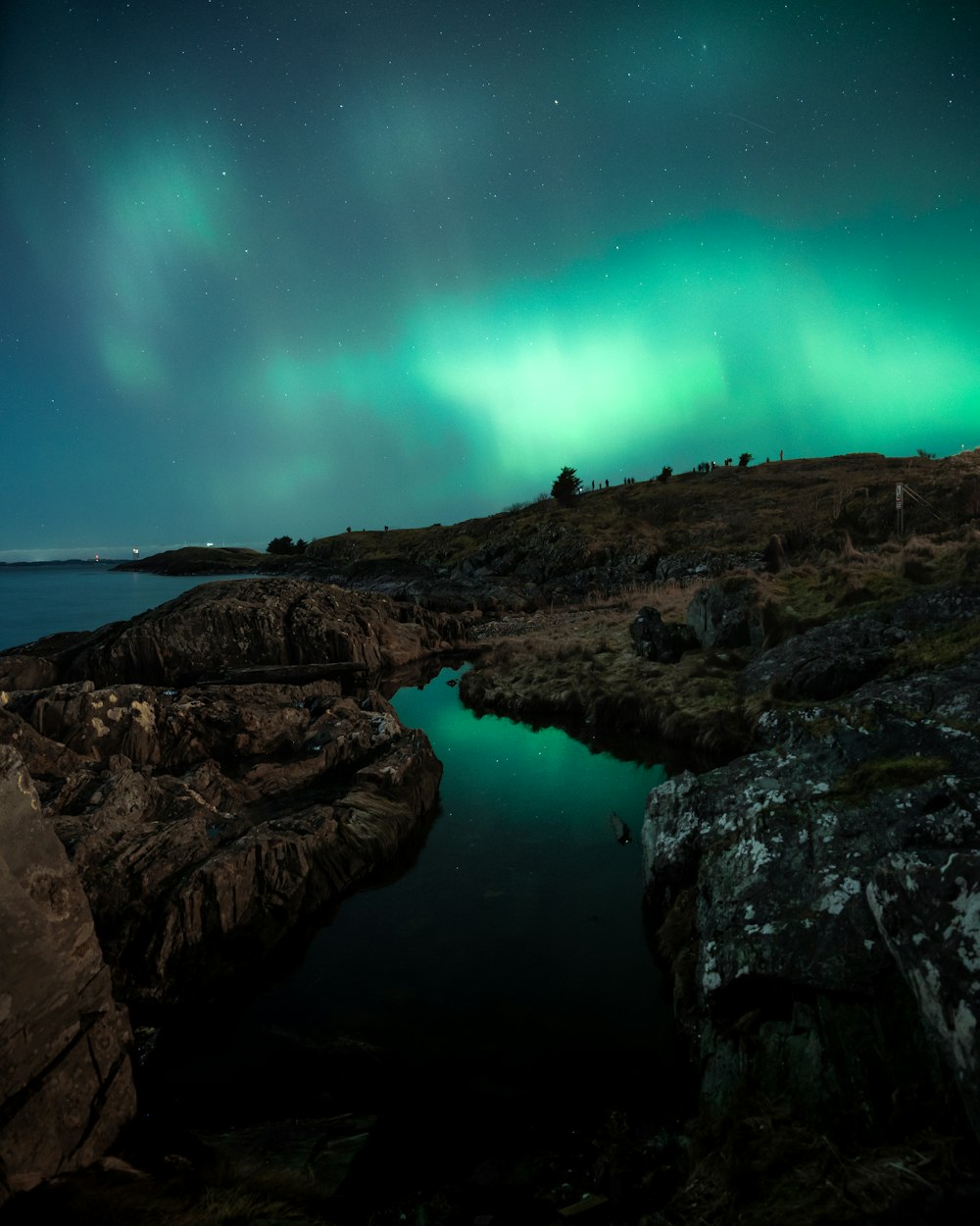 a green and blue aurora bore over a body of water