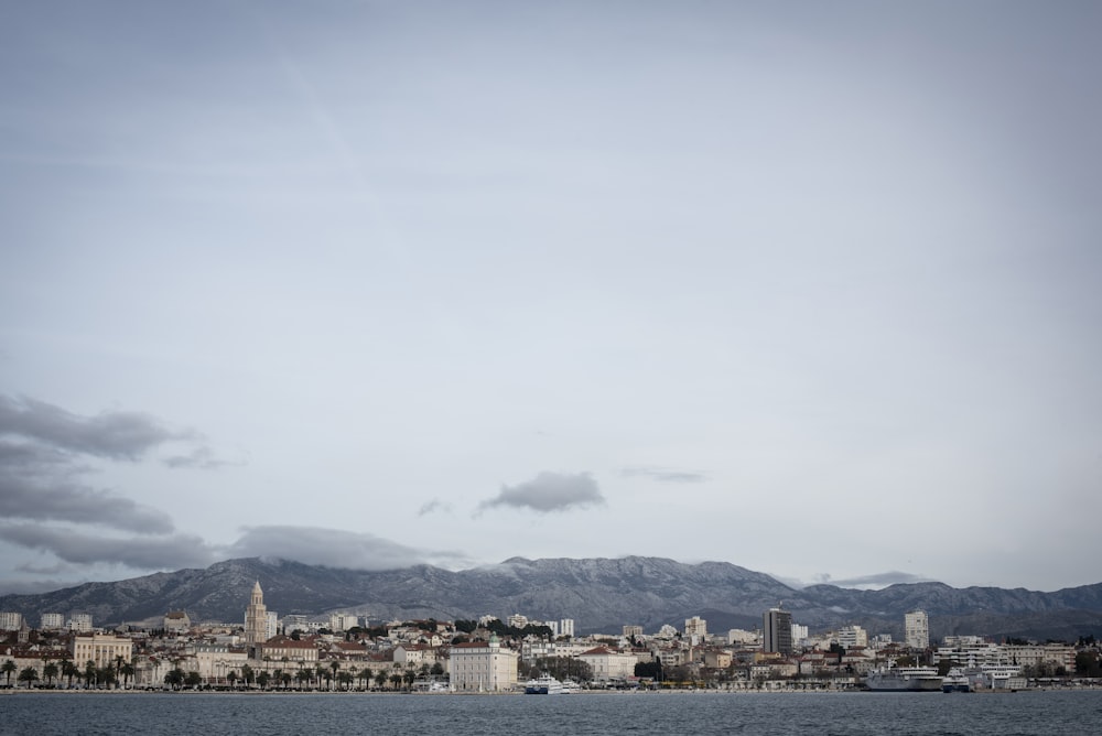 a large body of water with a city in the background