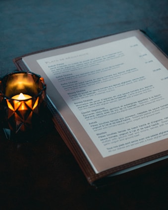 a lit candle sitting on top of a book