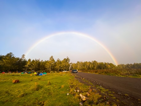 A vibrant rainbow arcs across a blue sky above a lush green landscape. Tents and vehicles are scattered across a grassy field, bordered by a dense line of trees. A dirt road runs beside the campsite, and the scene conveys a peaceful outdoor setting.