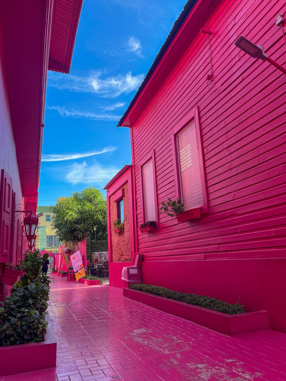 Una casa rosa con un tetto rosso e una passerella rosa