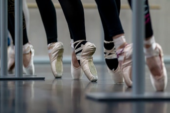 a group of ballet shoes lined up in a row