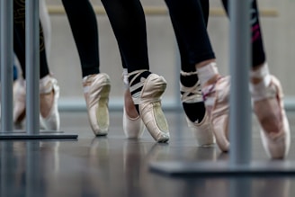 a group of ballet shoes lined up in a row